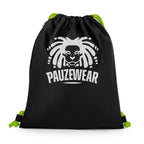 Black drawstring bag with 'PAUZEWEAR' logo on a white decal