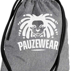 Gray drawstring bag with a white lion logo and 'PAUZEWEAR' text on a white background