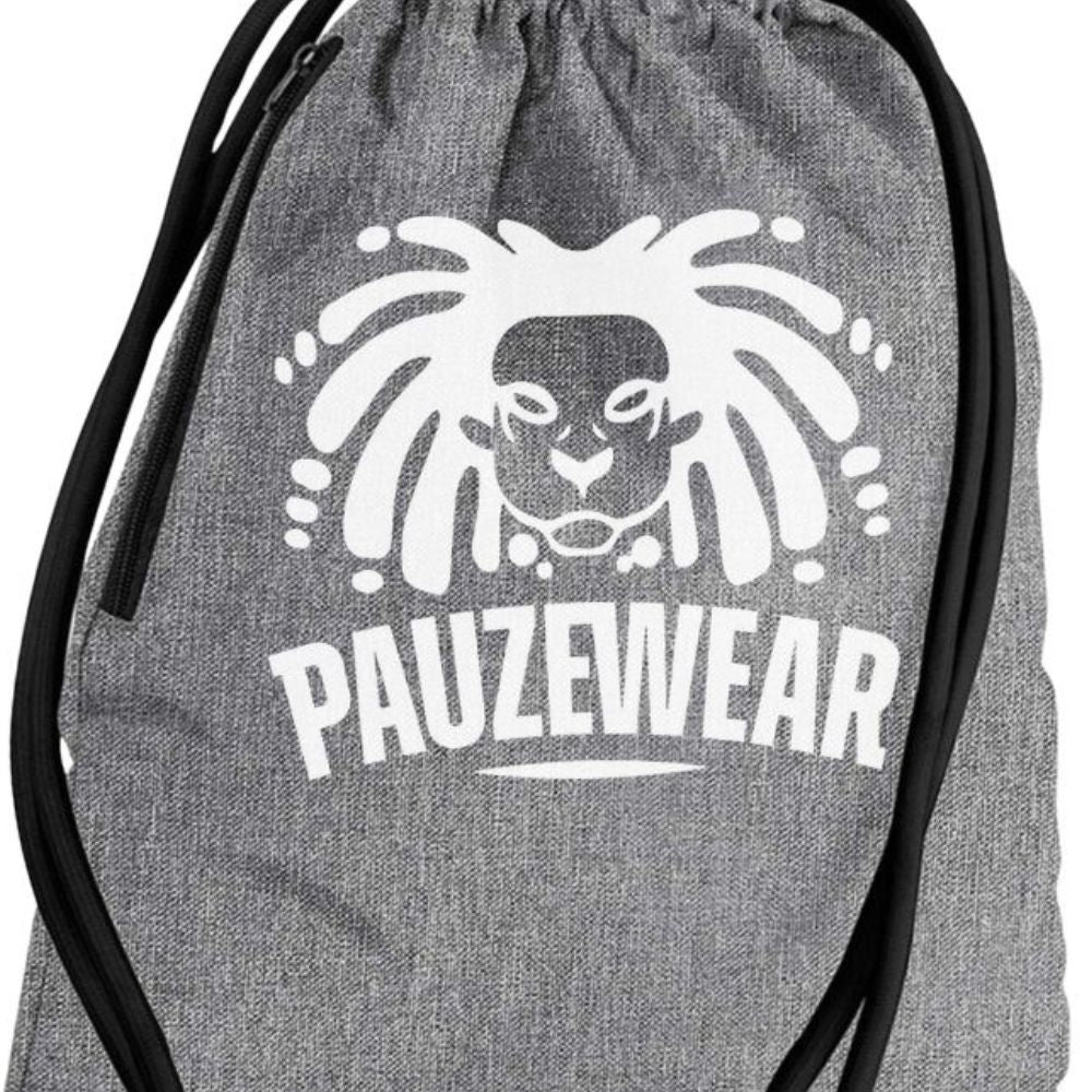 Gray drawstring bag with a white lion logo and 'PAUZEWEAR' text on a white background
