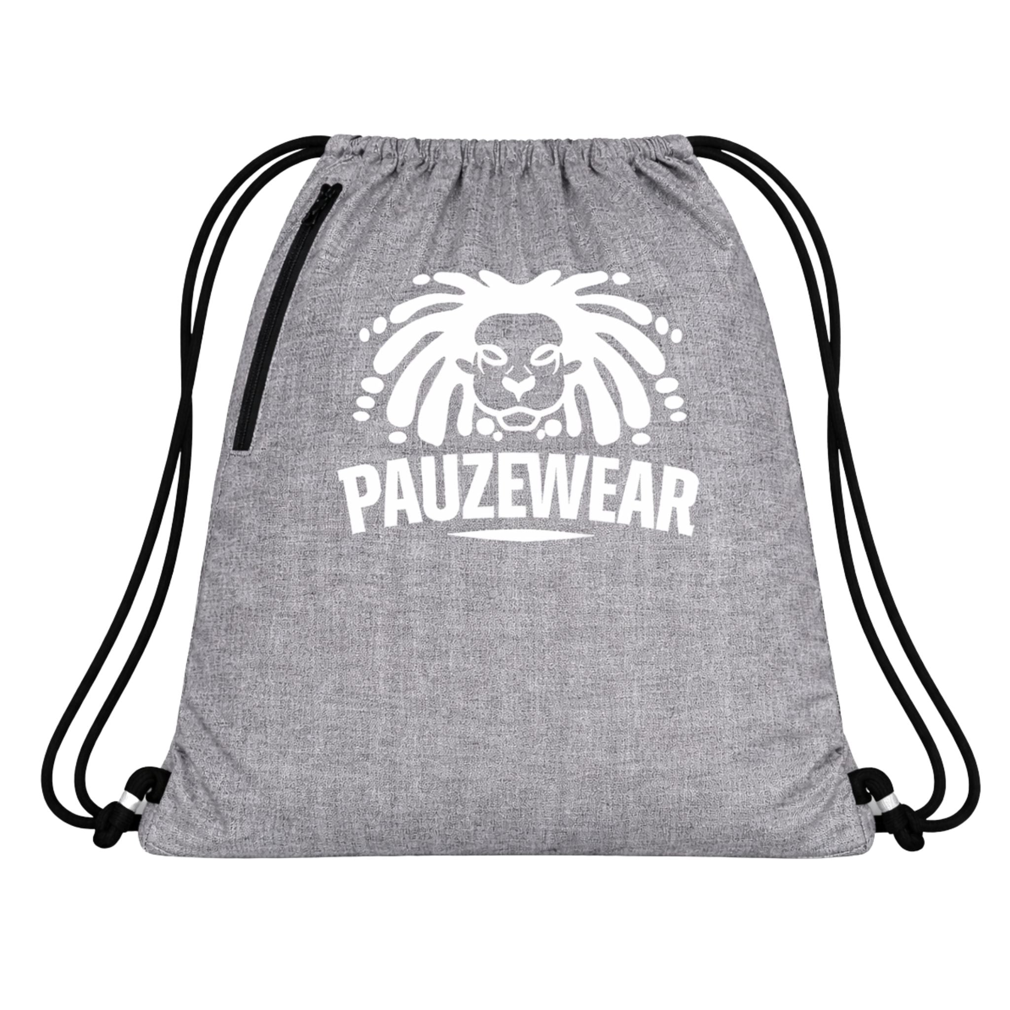 Grey drawstring bag with white lion logo and 'PAUZEWEAR' text on a white background