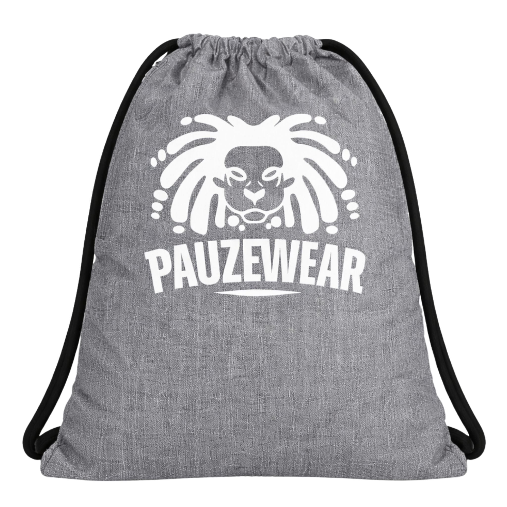 Grey drawstring bag with white lion logo and 'PAUZEWEAR' text on a white background