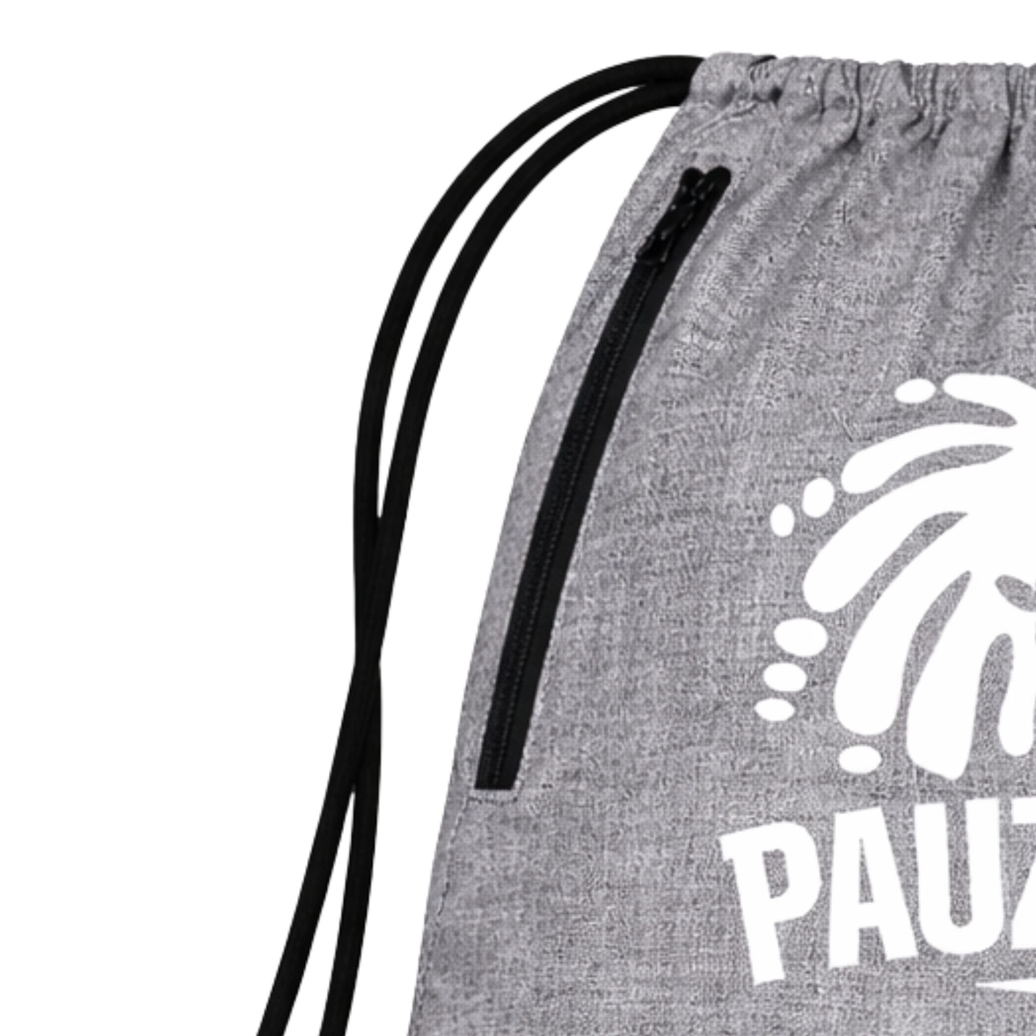 Grey drawstring bag with a white logo and text on a white background