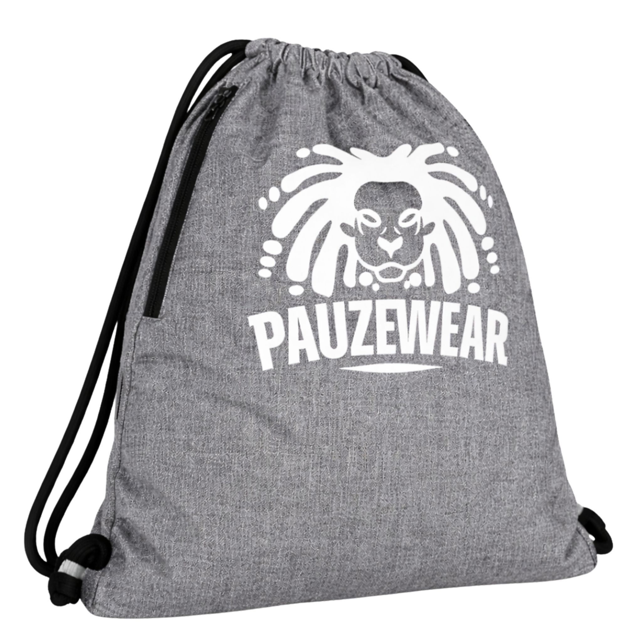 Grey drawstring bag with a white logo and text on a white background