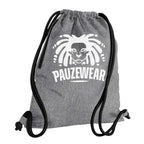 Gray drawstring bag with a white lion logo and 'PAUZEWEAR' text on a white background