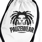 White drawstring bag with black lion logo and 'PAUZEWEAR' text on a white background