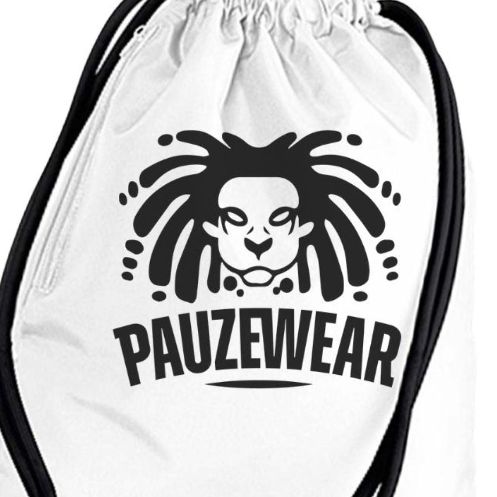 White drawstring bag with black lion logo and 'PAUZEWEAR' text on a white background