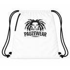 White drawstring bag with black logo and text on a white background