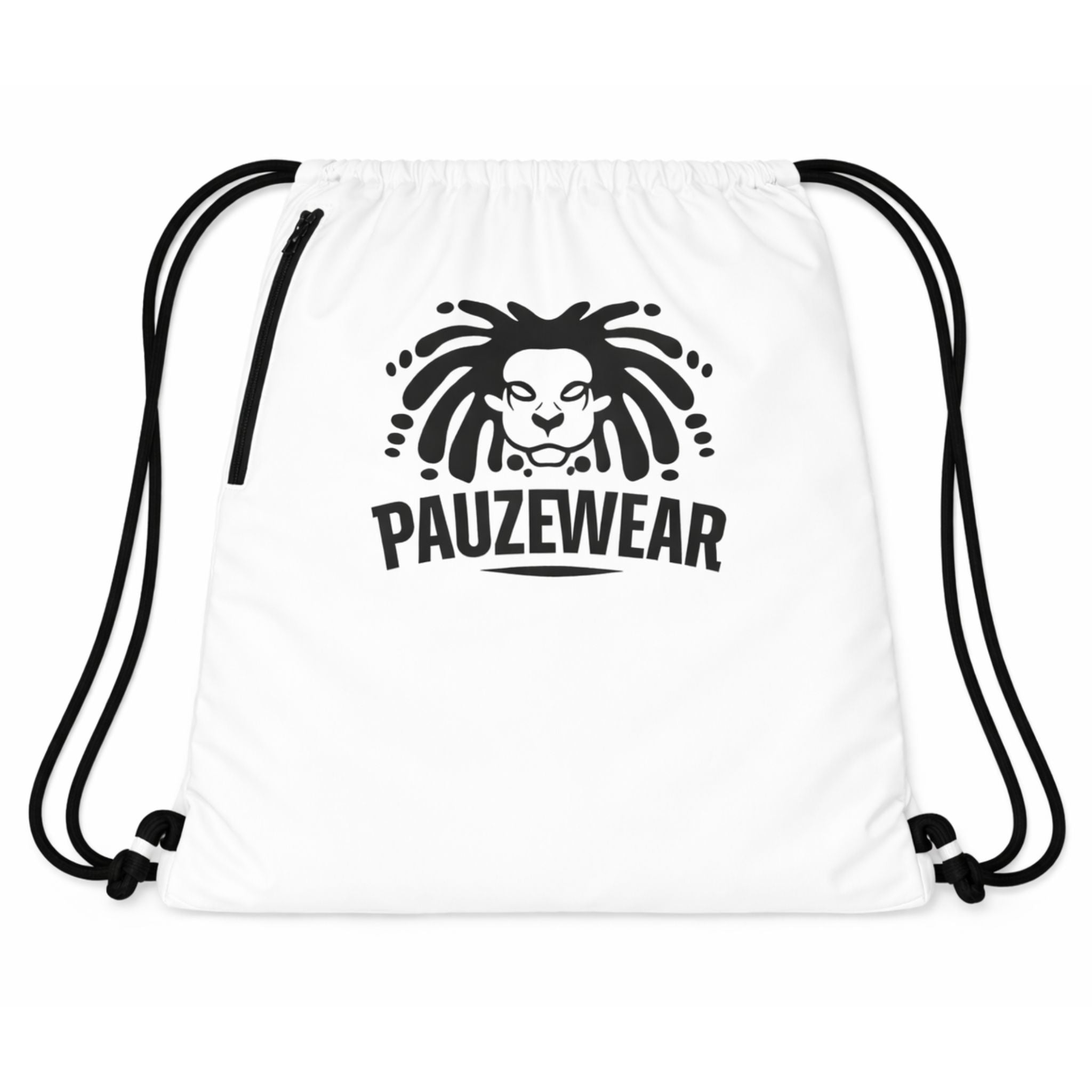 White drawstring bag with black logo and text on a white background
