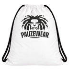 White drawstring bag with black lion logo and 'PAUZEWEAR' text on a white background
