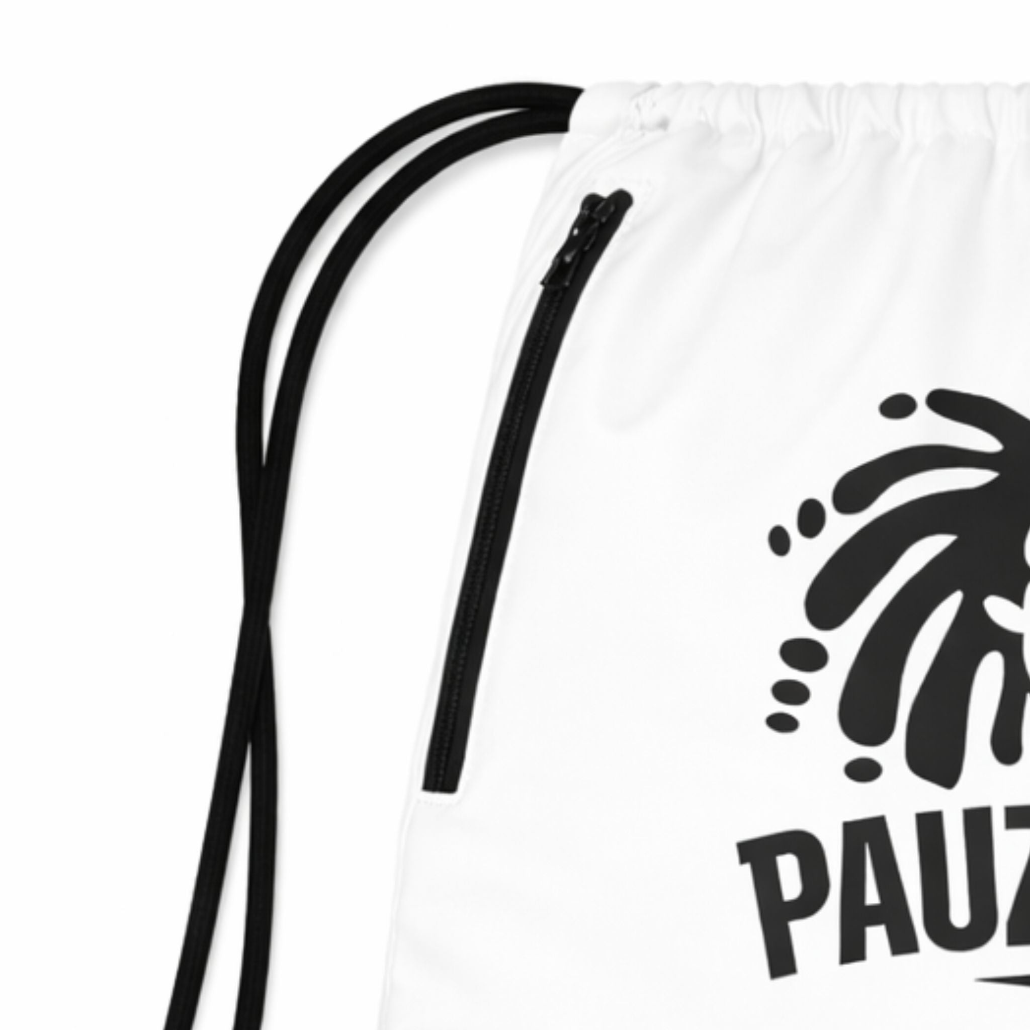 White drawstring bag with black logo and text on a white background