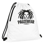 White drawstring bag with black logo and text on a white background
