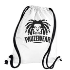 White drawstring bag with black logo and text on a white background