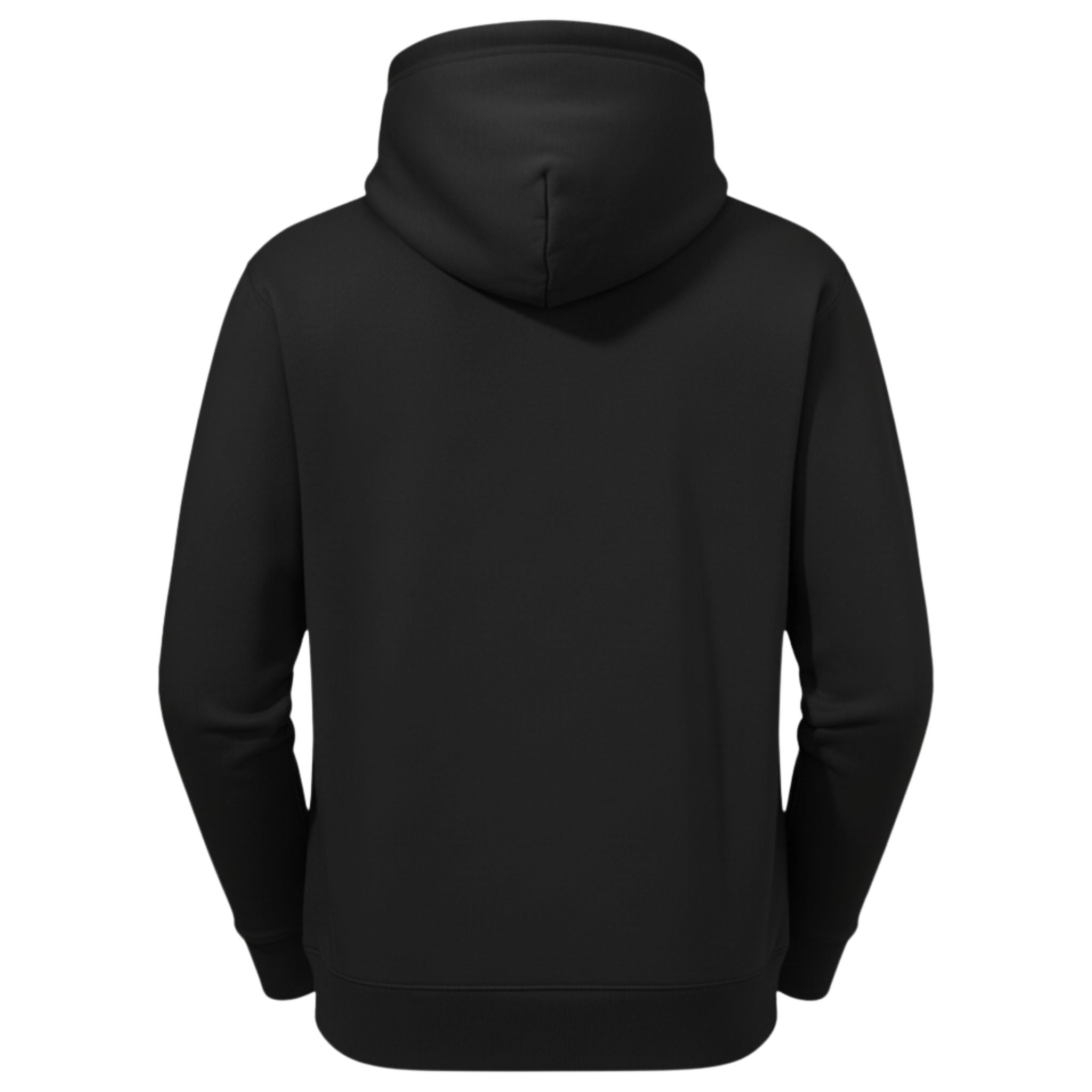 Black hoodie shown from the back on a white background