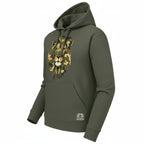 Green hoodie with a camouflage lion design on a white background
