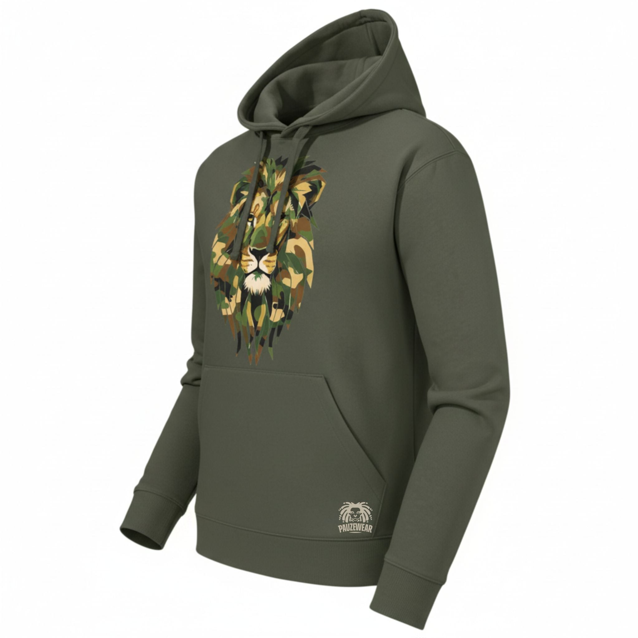Green hoodie with a camouflage lion design on a white background
