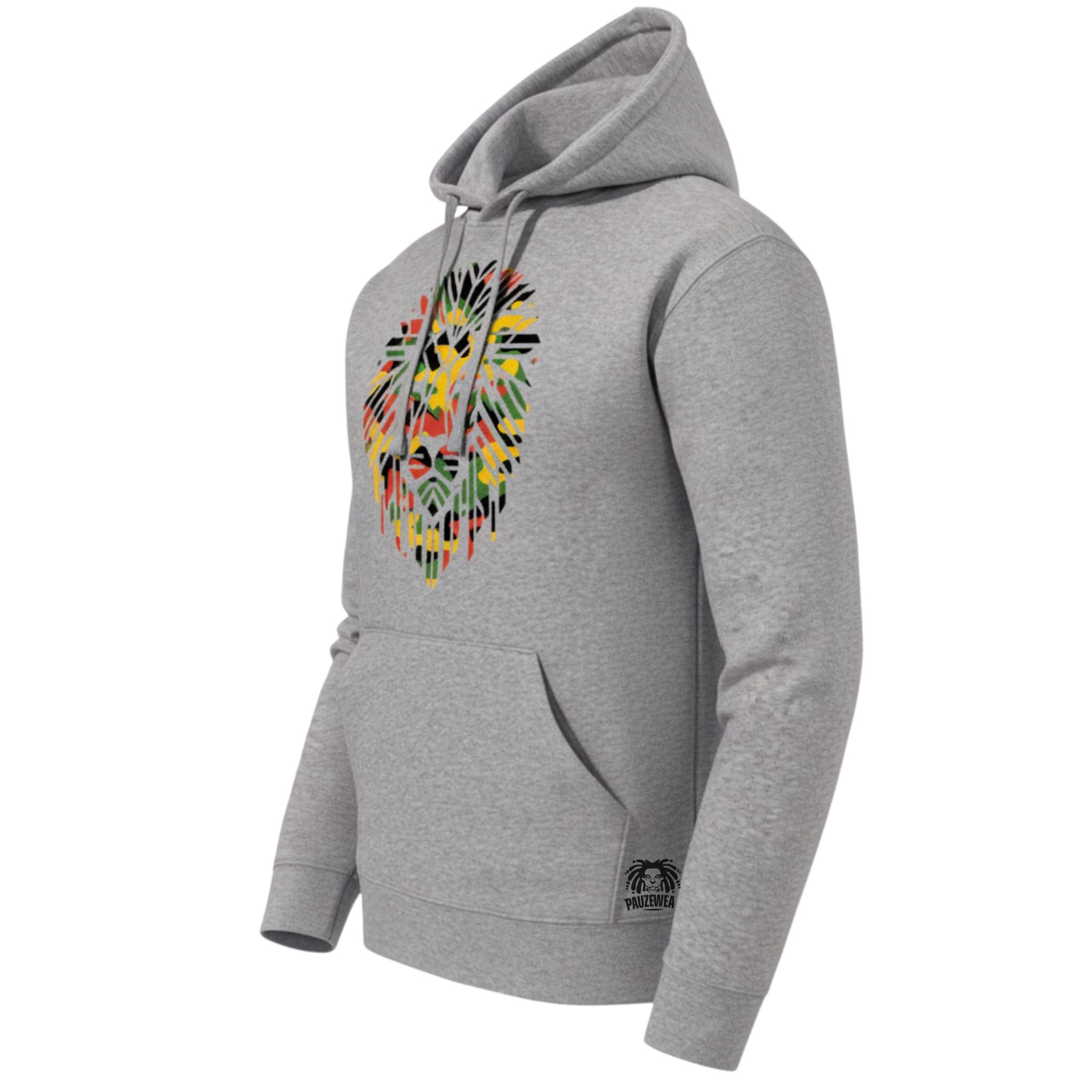 Gray hoodie with a rasta colour lion head design on the chest against a white background
