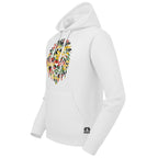 White hoodie with a rasta colour lion design on the chest against a white background