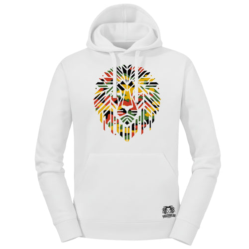 White hoodie with a rasta colour lion graphic on a white background