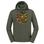 Olive hoodie with rasta rolour lion design on a white background