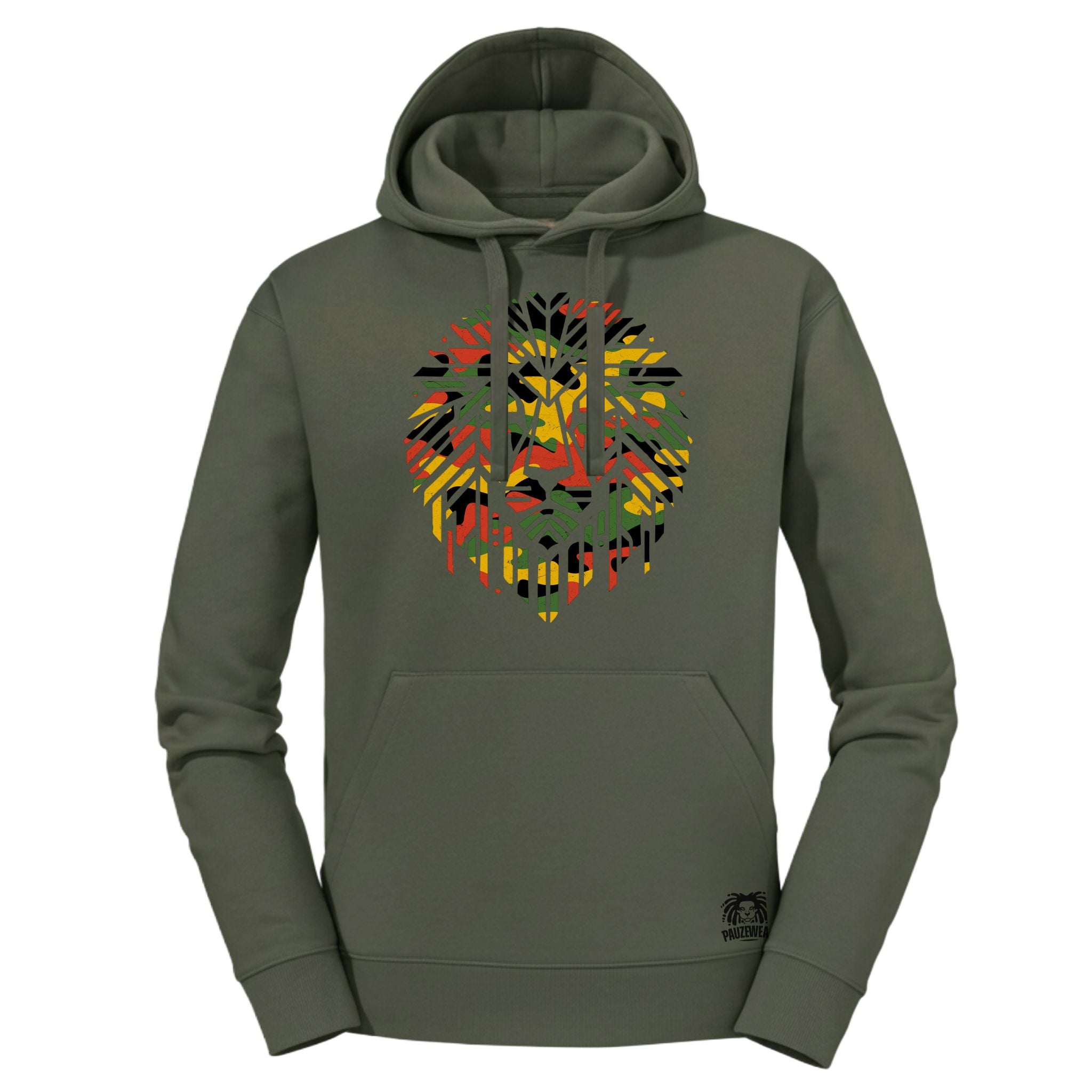 Olive hoodie with rasta rolour lion design on a white background