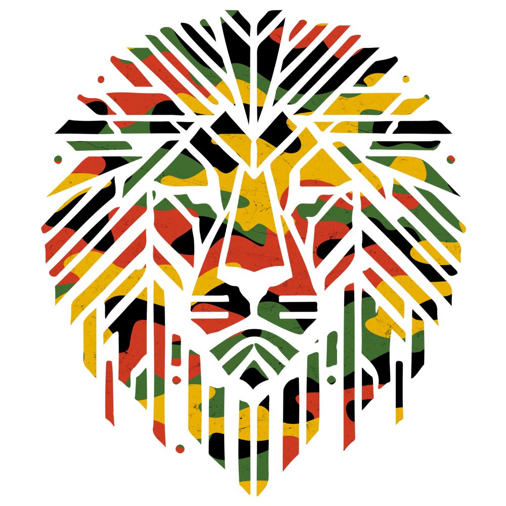Colorful lion ghillie head design with red, yellow, and green colors on a white background