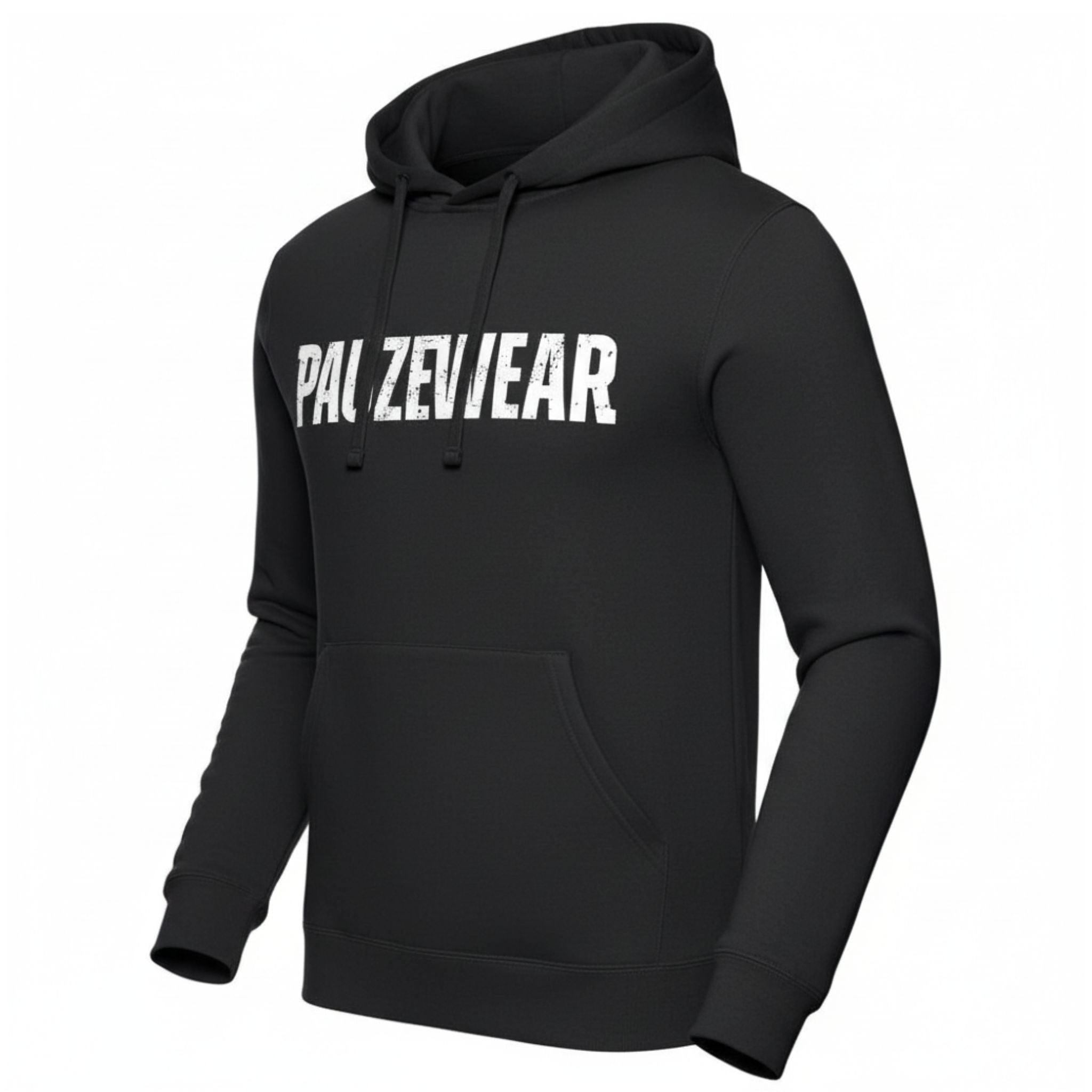Black hoodie with 'PAUZEWEAR' text logo on a white background