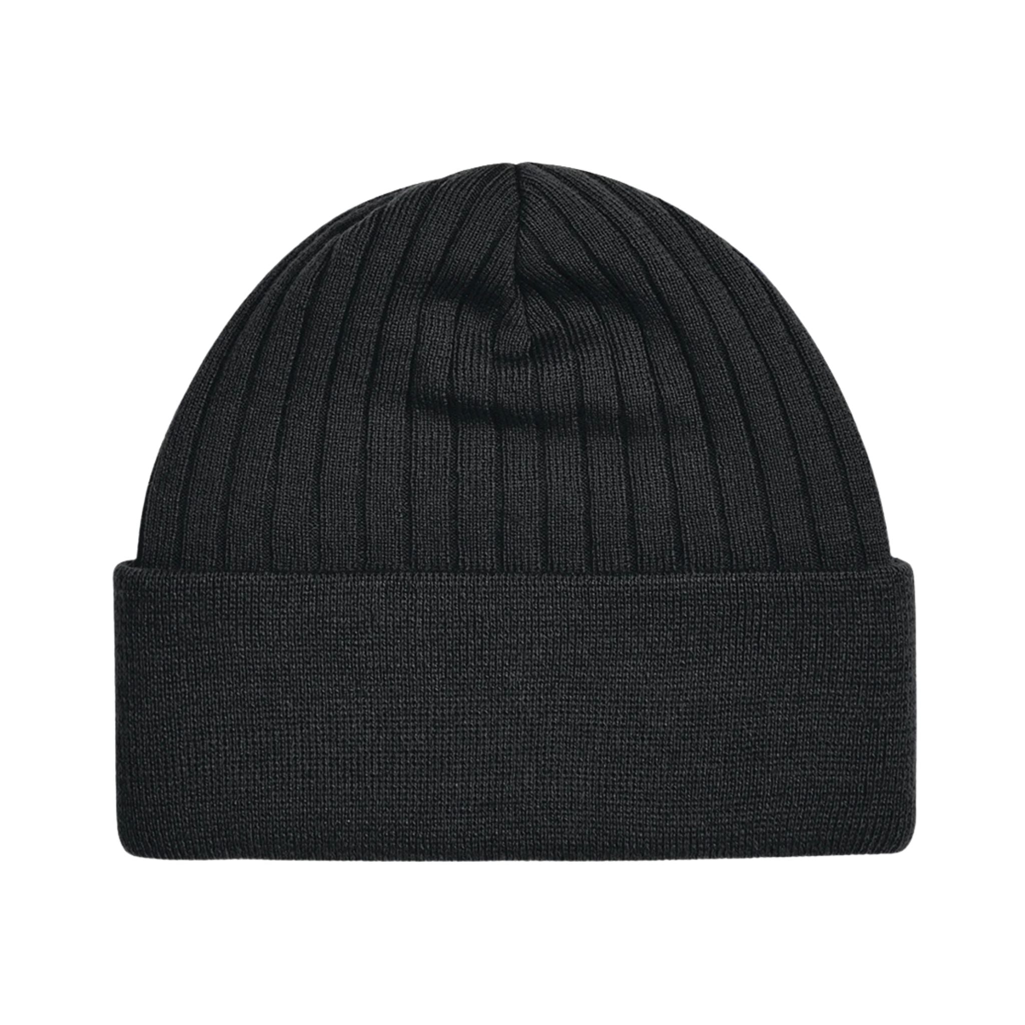 Black knit thinsulate beanie on a white background