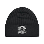 Black thinsulate beanie with a white logo and text on a white background