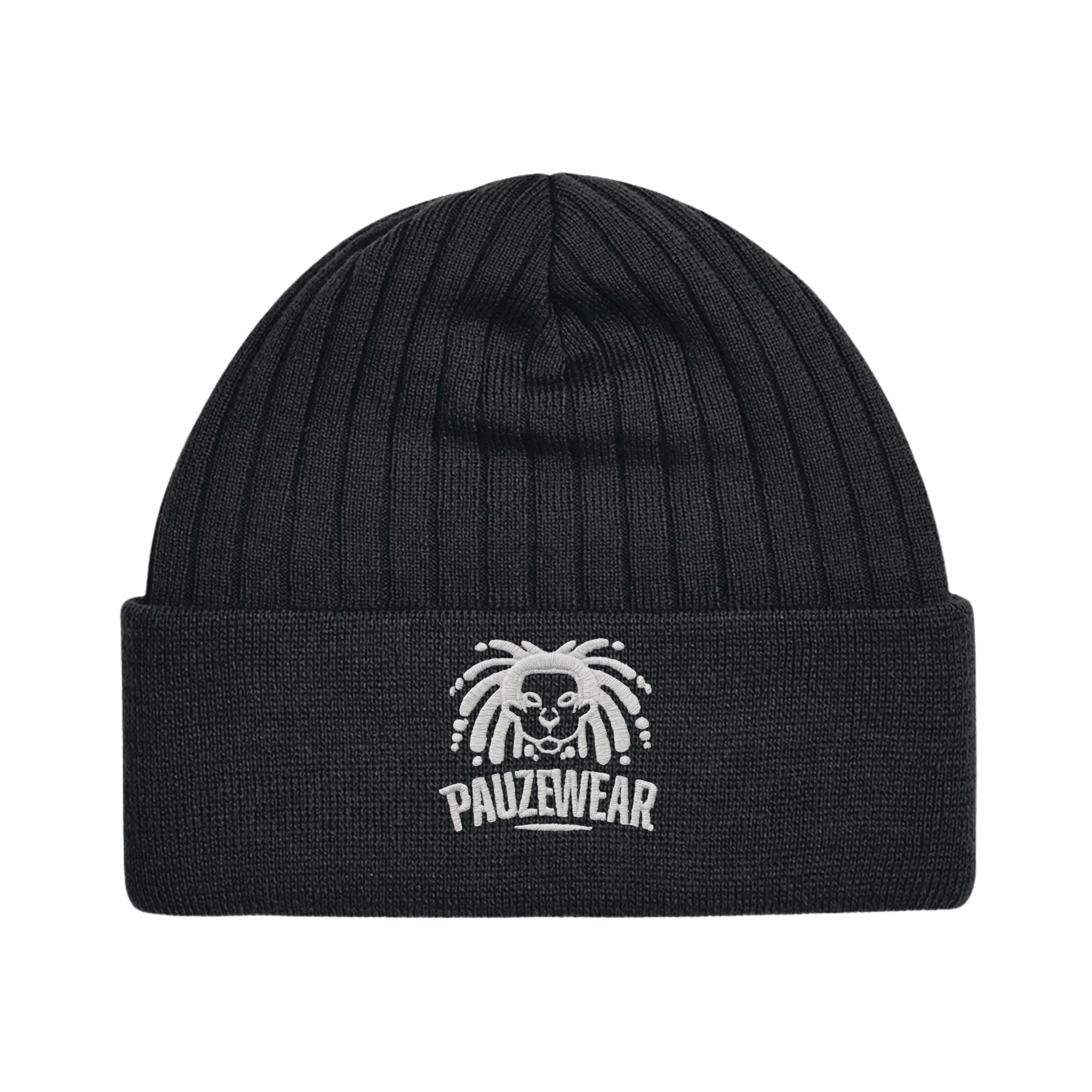 Black thinsulate beanie with a white logo and text on a white background