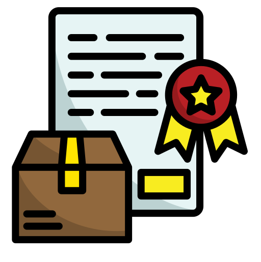 Illustration of a cardboard box, document, and award ribbon with a star on a white background
