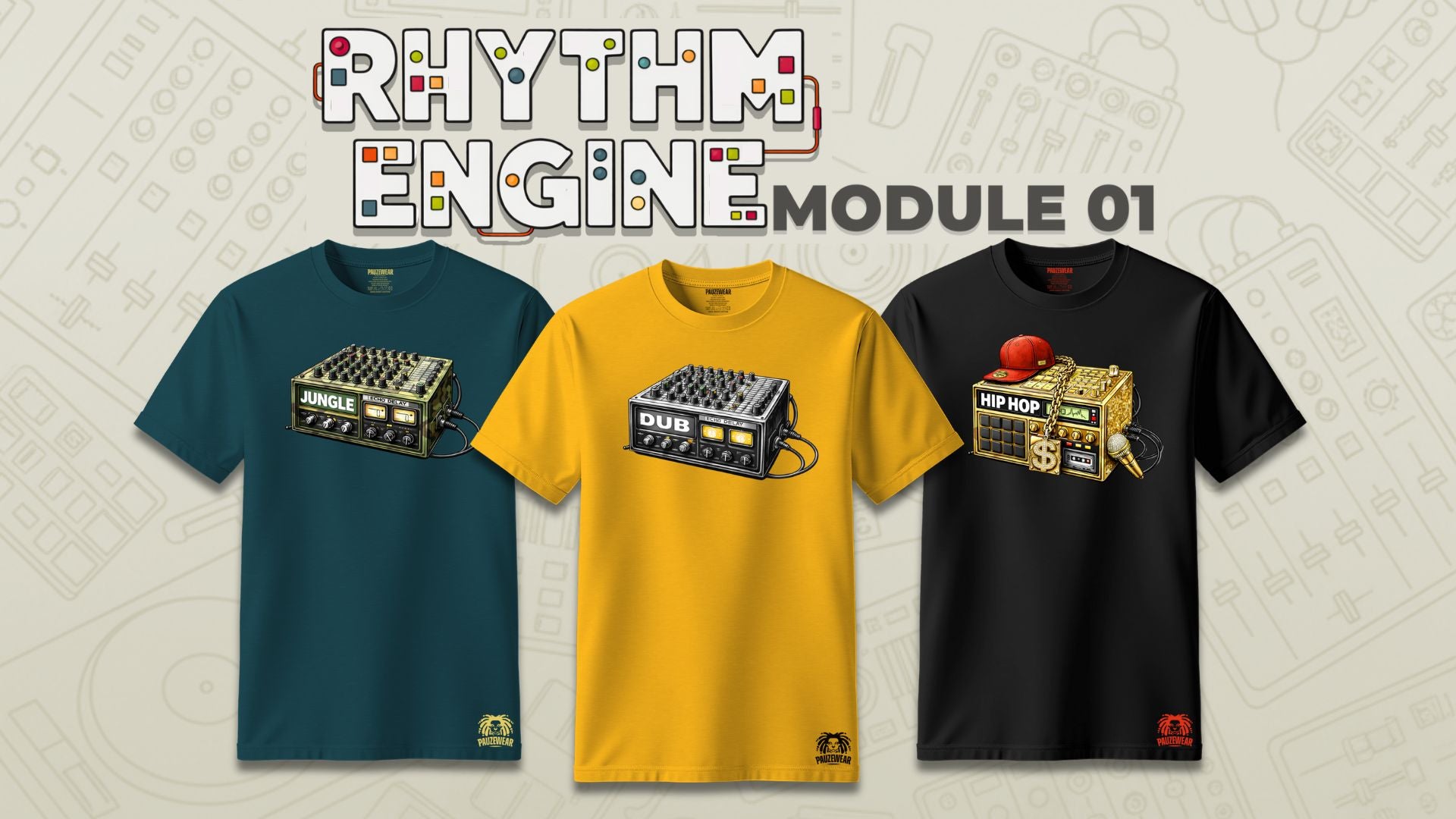 Three t-shirts with graphic designs on a textured beige background, featuring the collection 'Rhythm Engine'.