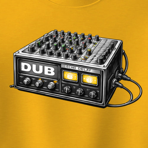 Illustration of music console with 'DUB' written on it and on a yellow background