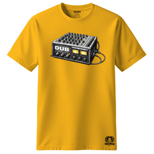 Yellow t-shirt with a graphic of a sound mixer and 'DUB' text on a white background