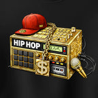 Gold boombox with 'HIP HOP' text, red cap, chain, dollar sign, and microphone on a black background