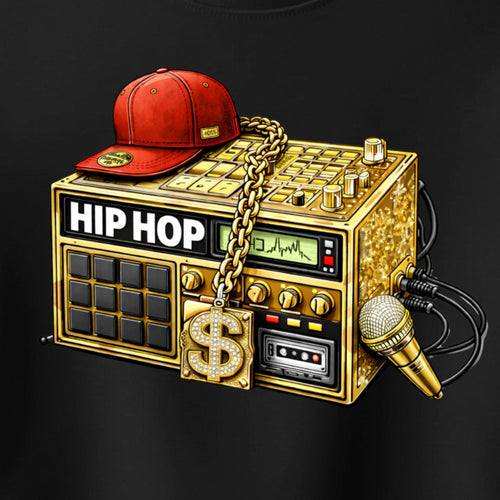 Gold boombox with 'HIP HOP' text, red cap, chain, dollar sign, and microphone on a black background