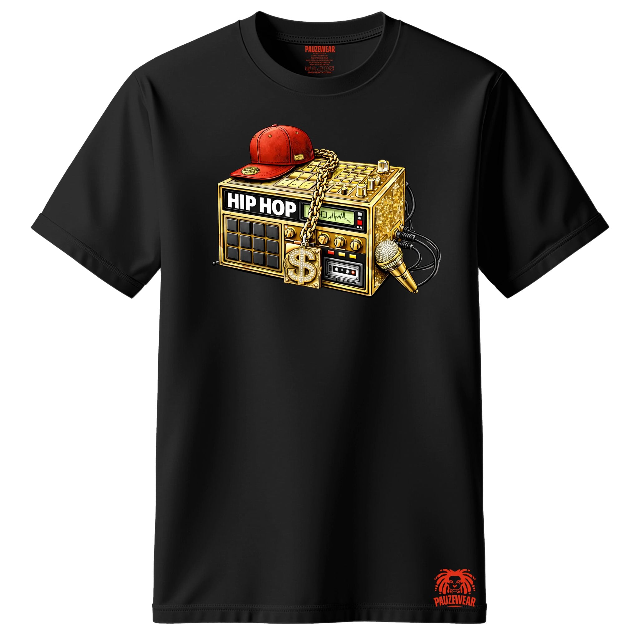 Black t-shirt with a graphic of a gold boombox, red cap, and microphone on a white background.