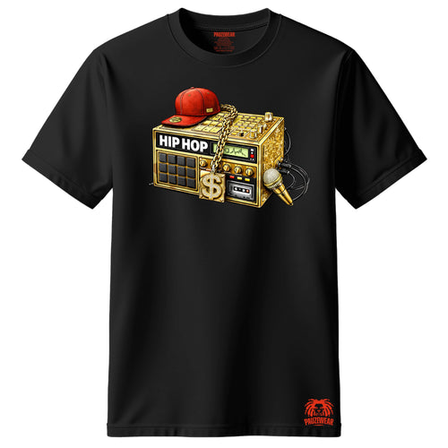 Black t-shirt with a graphic of a gold boombox, red cap, and microphone on a white background.