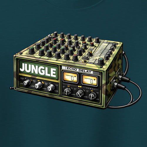 Illustration of a 'Jungle' music console on a teal background