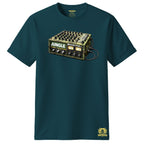 Teal t-shirt with a graphic of a mixer and 'Jungle' text on a white background