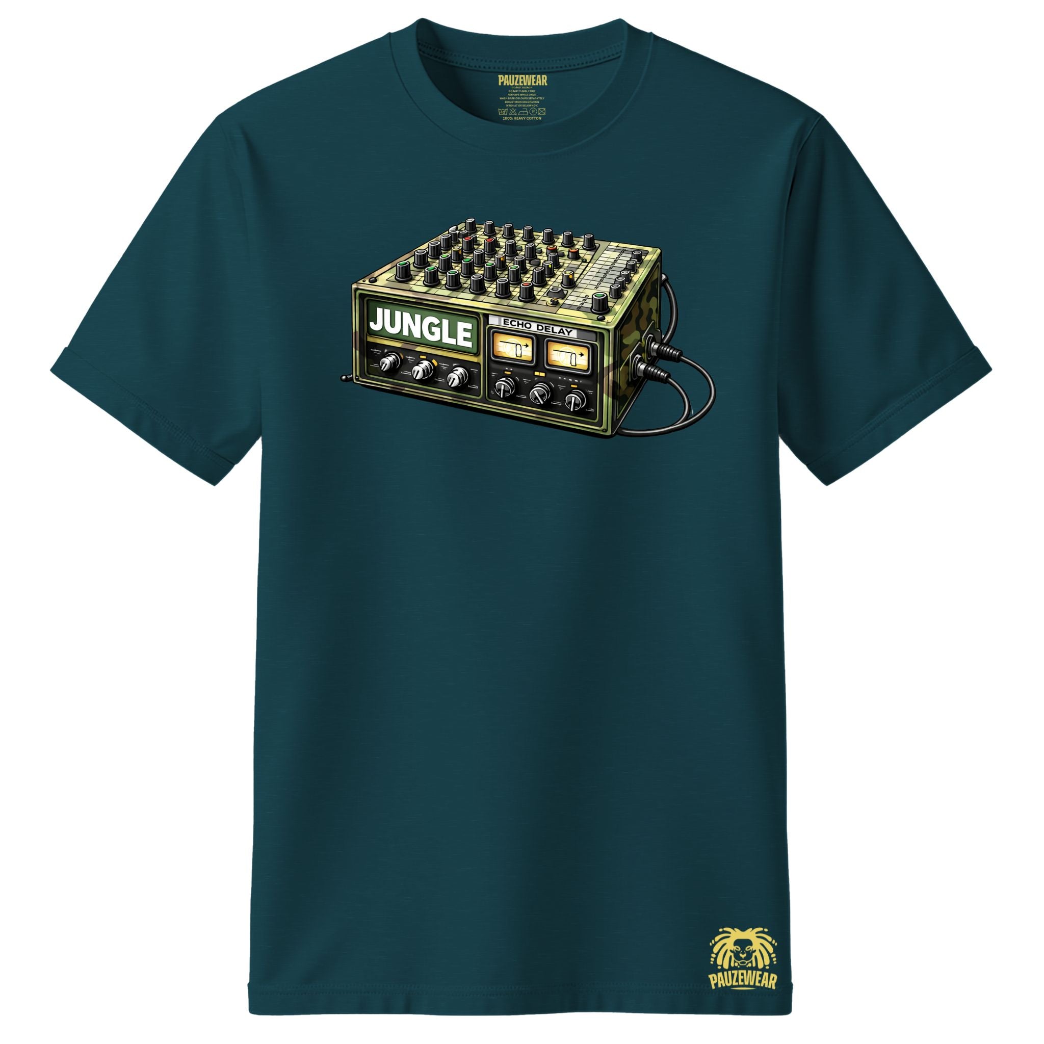 Teal t-shirt with a graphic of a mixer and 'Jungle' text on a white background