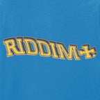Blue t-shirt with 'RIDDIM+' text in yellow and black