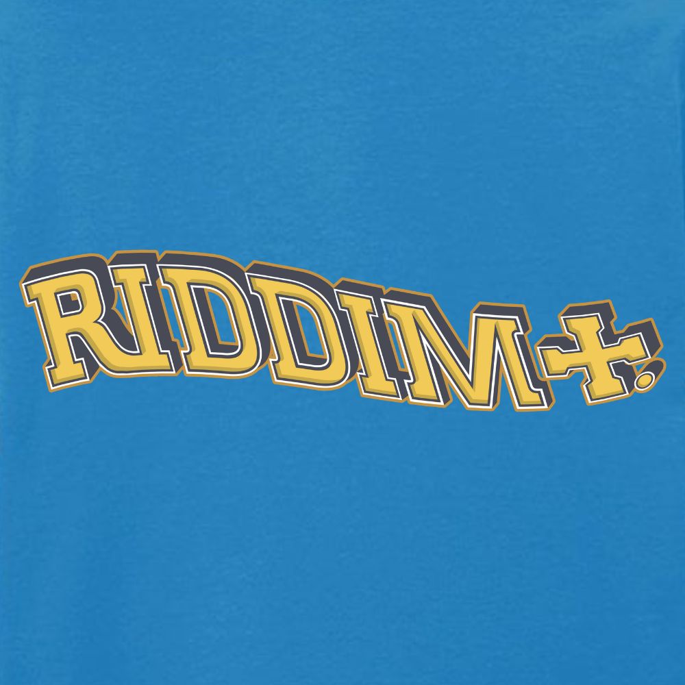 Blue t-shirt with 'RIDDIM+' text in yellow and black
