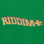 Text 'RIDDIM+' in yellow and black on a green background