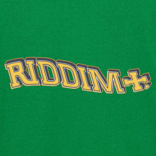 Text 'RIDDIM+' in yellow and black on a green background