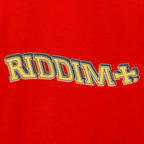 Red t-shirt with 'RIDDIM' text in yellow and dark grey on a red background