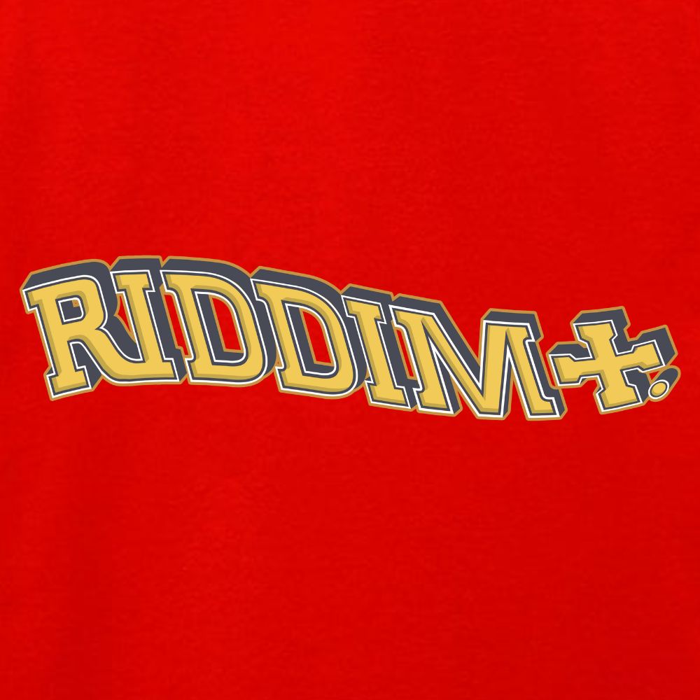 Red t-shirt with 'RIDDIM' text in yellow and dark grey on a red background