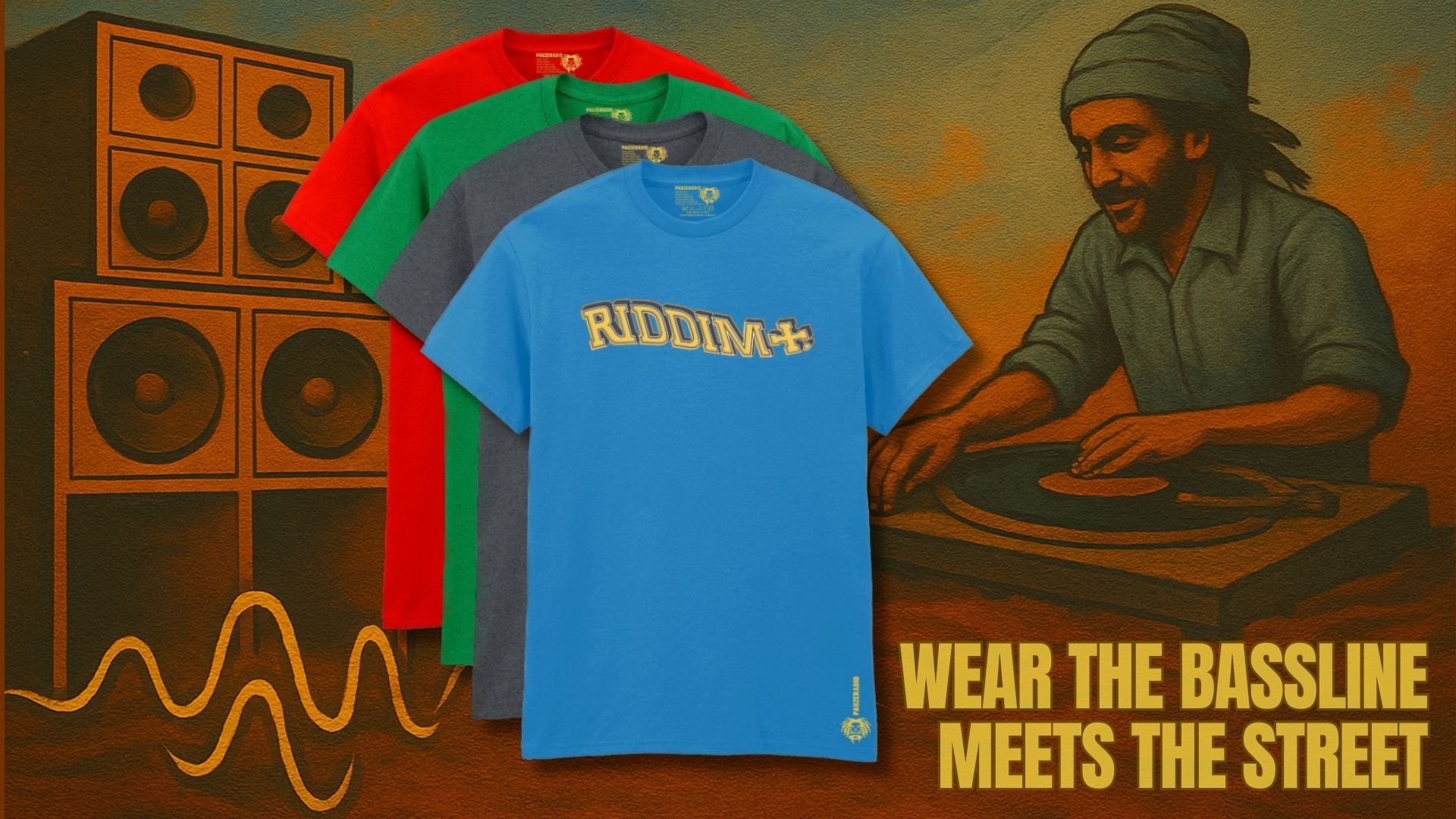 Blue t-shirt with 'Riddim' text displayed with a person on turntables and speakers in the background.