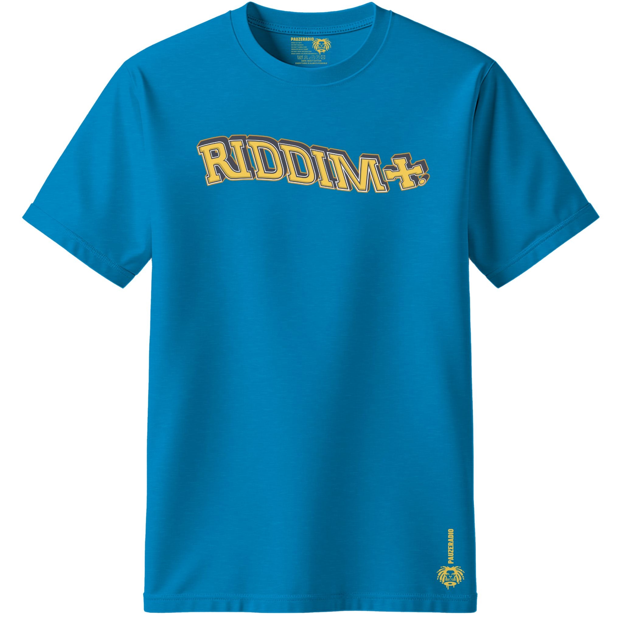 Rizla blue colour t-shirt with 'RIDDIM' text on a white background