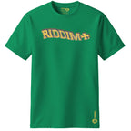 Rizla green colour t-shirt with 'RIDDIM' text on a white background