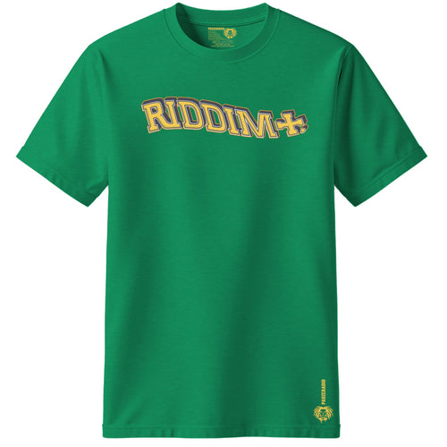 Rizla green colour t-shirt with 'RIDDIM' text on a white background